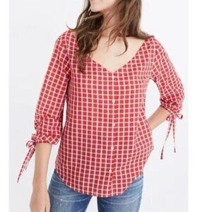 Madewell Plaid Off the Shoulder Top in Red Size S